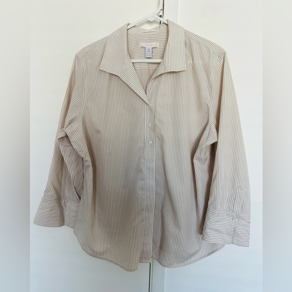Chicos Womens Long Sleeve Button Up No Iron Shirt Beige/White Striped Size 3